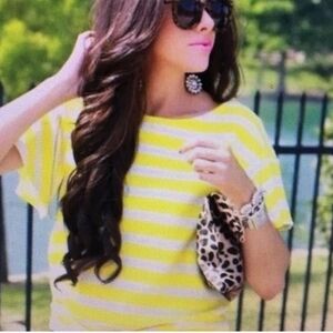 HP!! Anthropologie Top Yellow White Striped Short Sleeve Blouse Flutter sleeves